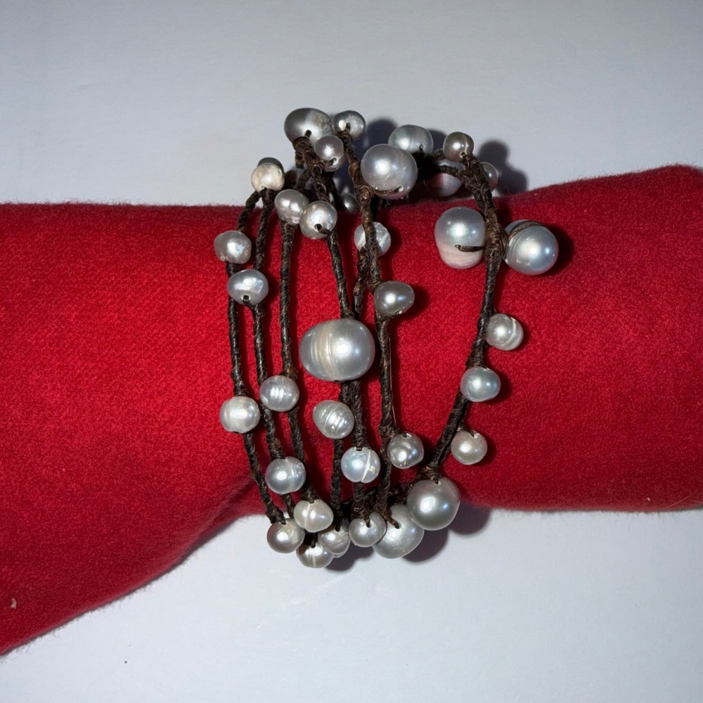 Baroque Freshwater Pearl Wrap Bracelet Brown Multi Strand Boho Coastal White - Picture 4 of 8